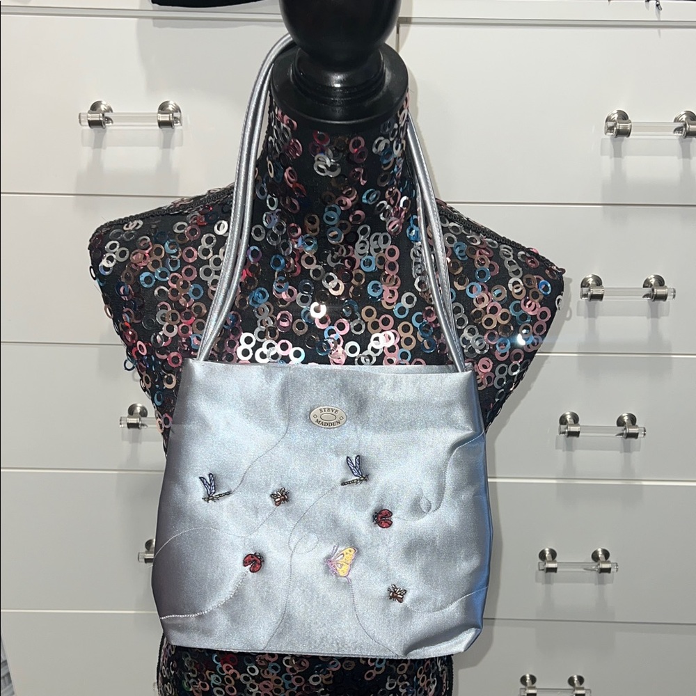 Steve Madden Vintage 2000s Silver Satin Insect Embroidered Shoulder/ Handbag.